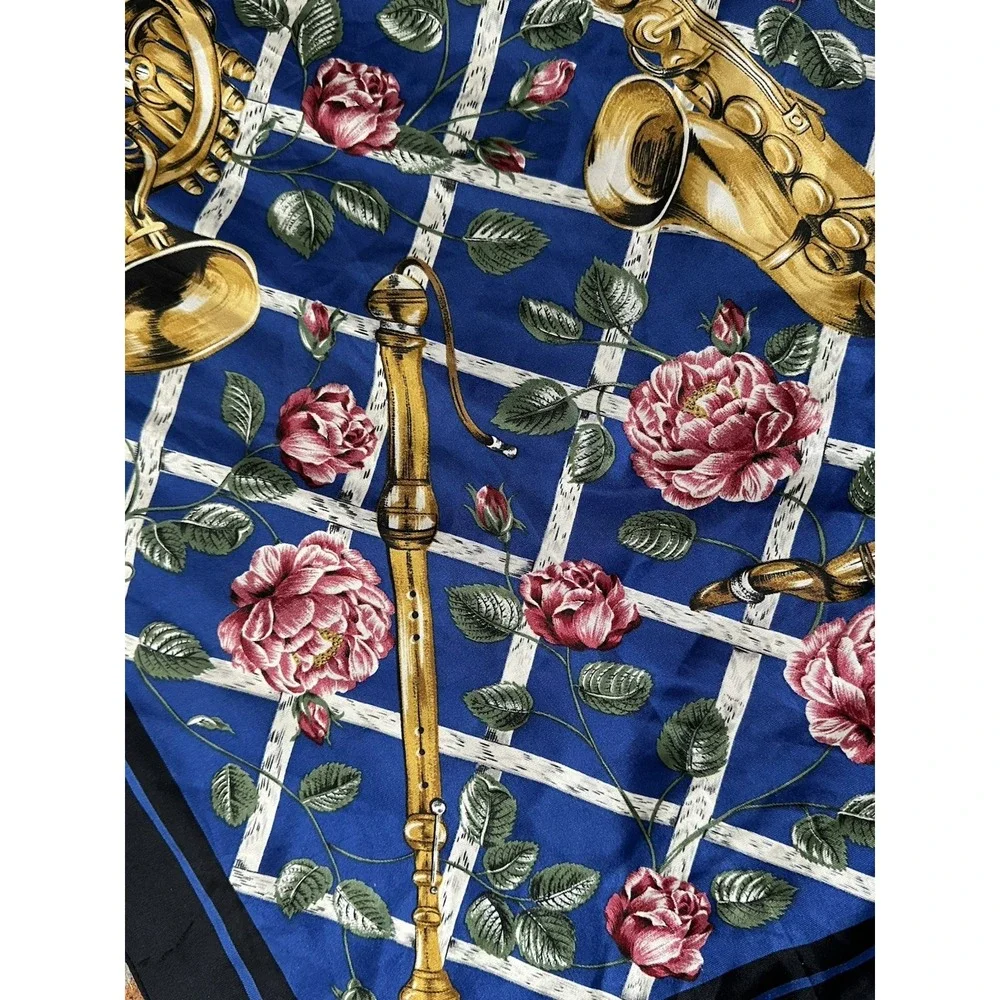1980s Boston Museum of Fine Arts MFA Musical Instruments Floral Silk Scarf 34x34